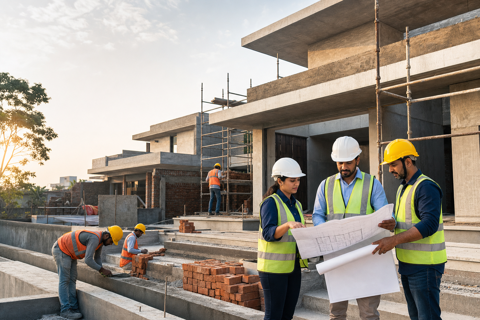 MDC Group construction professionals reviewing architectural plans at a residential project