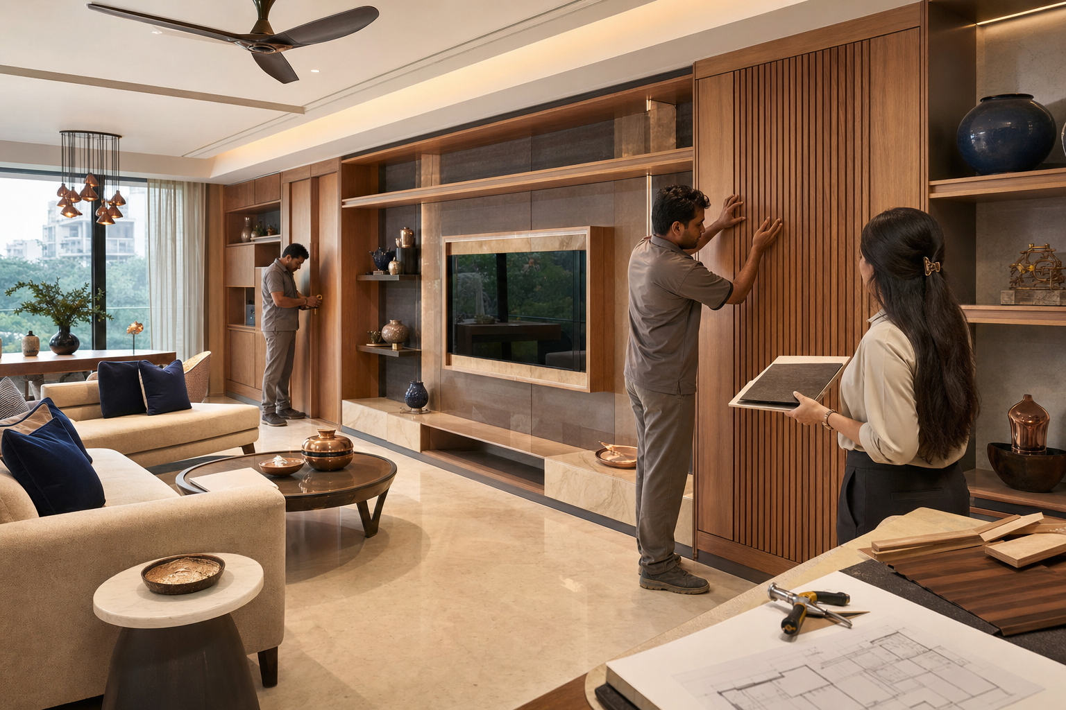 Interior professionals installing a custom living-room feature wall